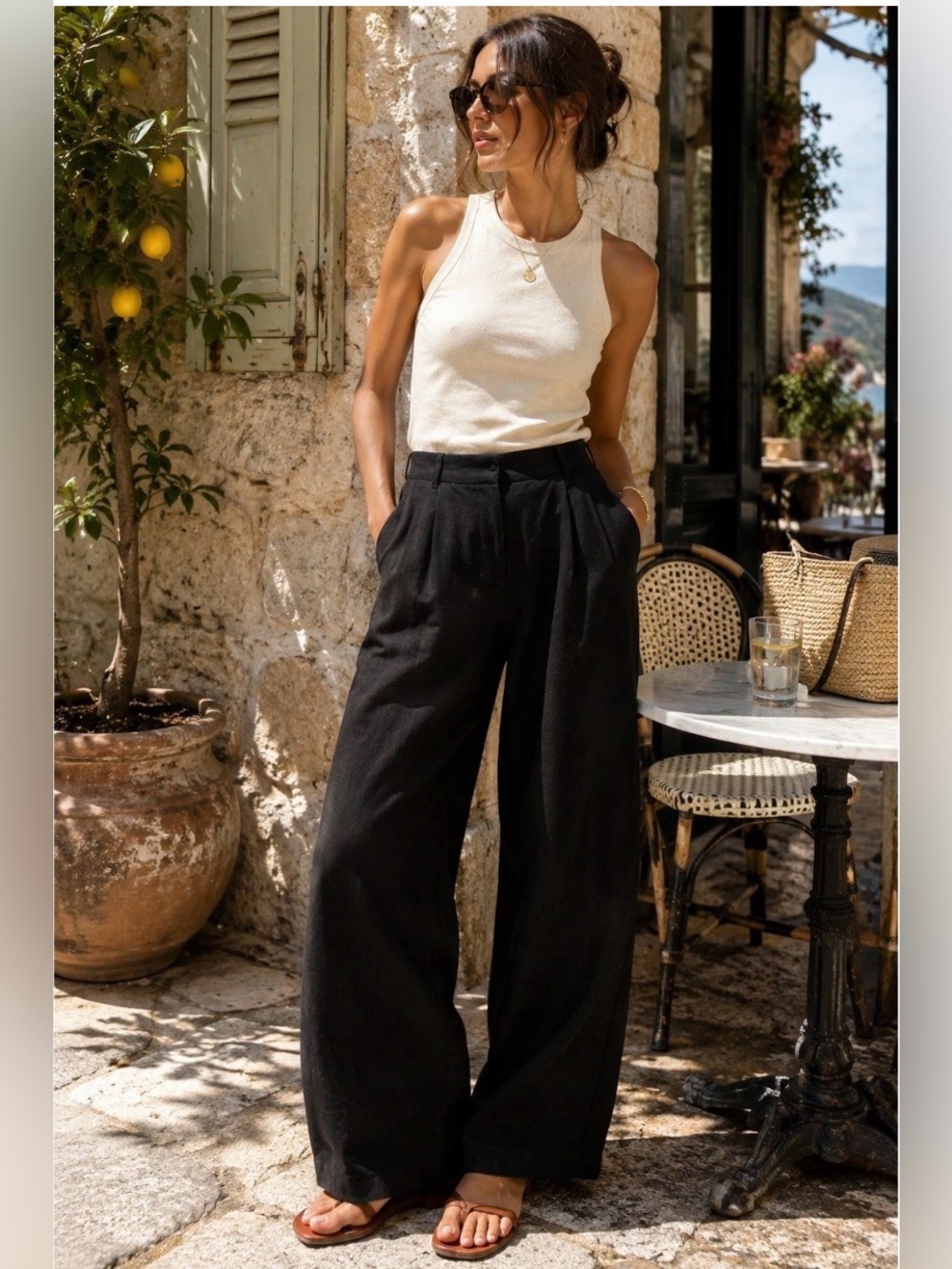 Quince Women’s Size 10 100% European Linen Pleated Trouser Black Coastal Granola